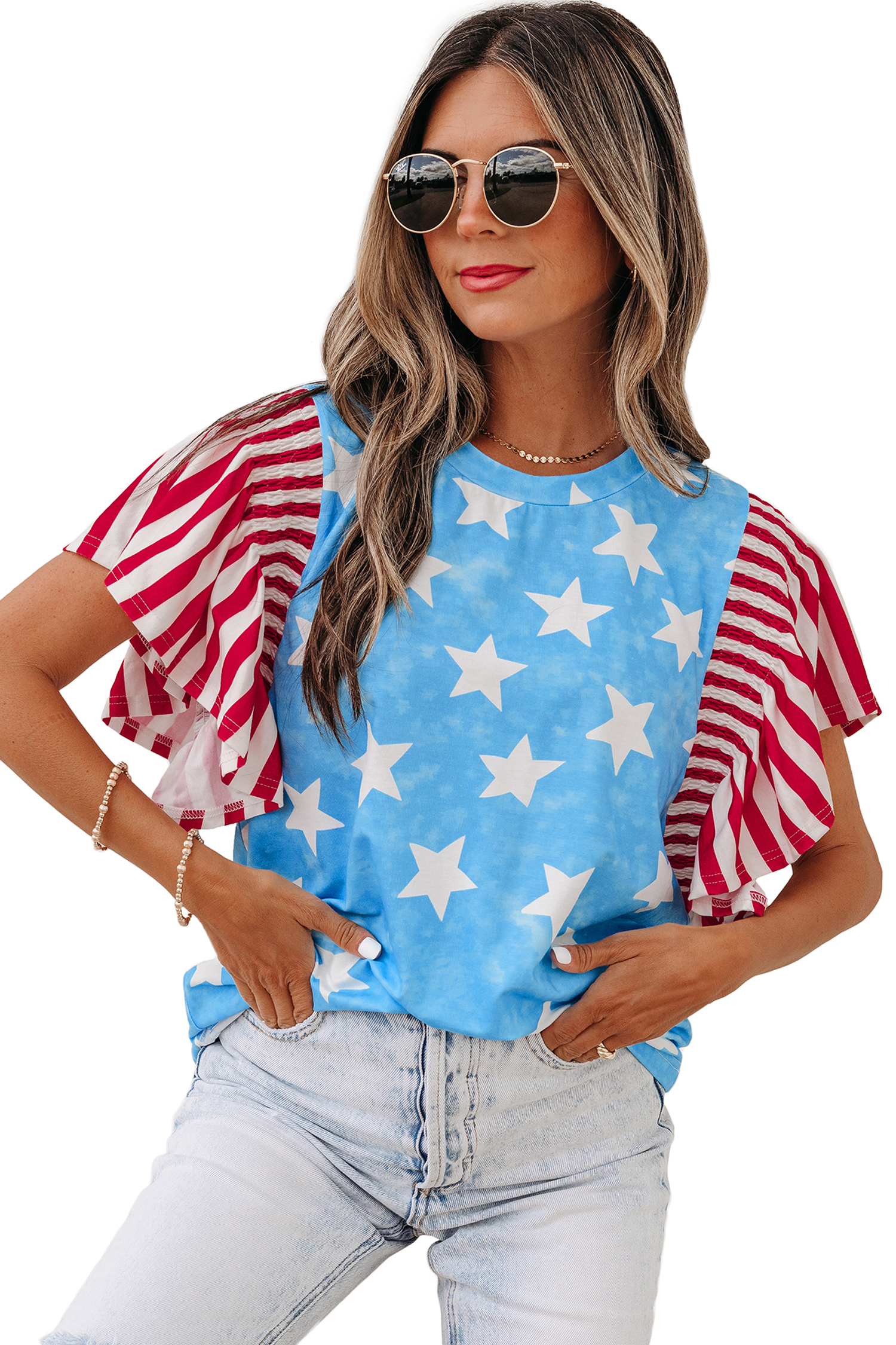 Sky Blue Vintage Star Print Striped Ruffle Sleeve Independence Day Top - 图片 17