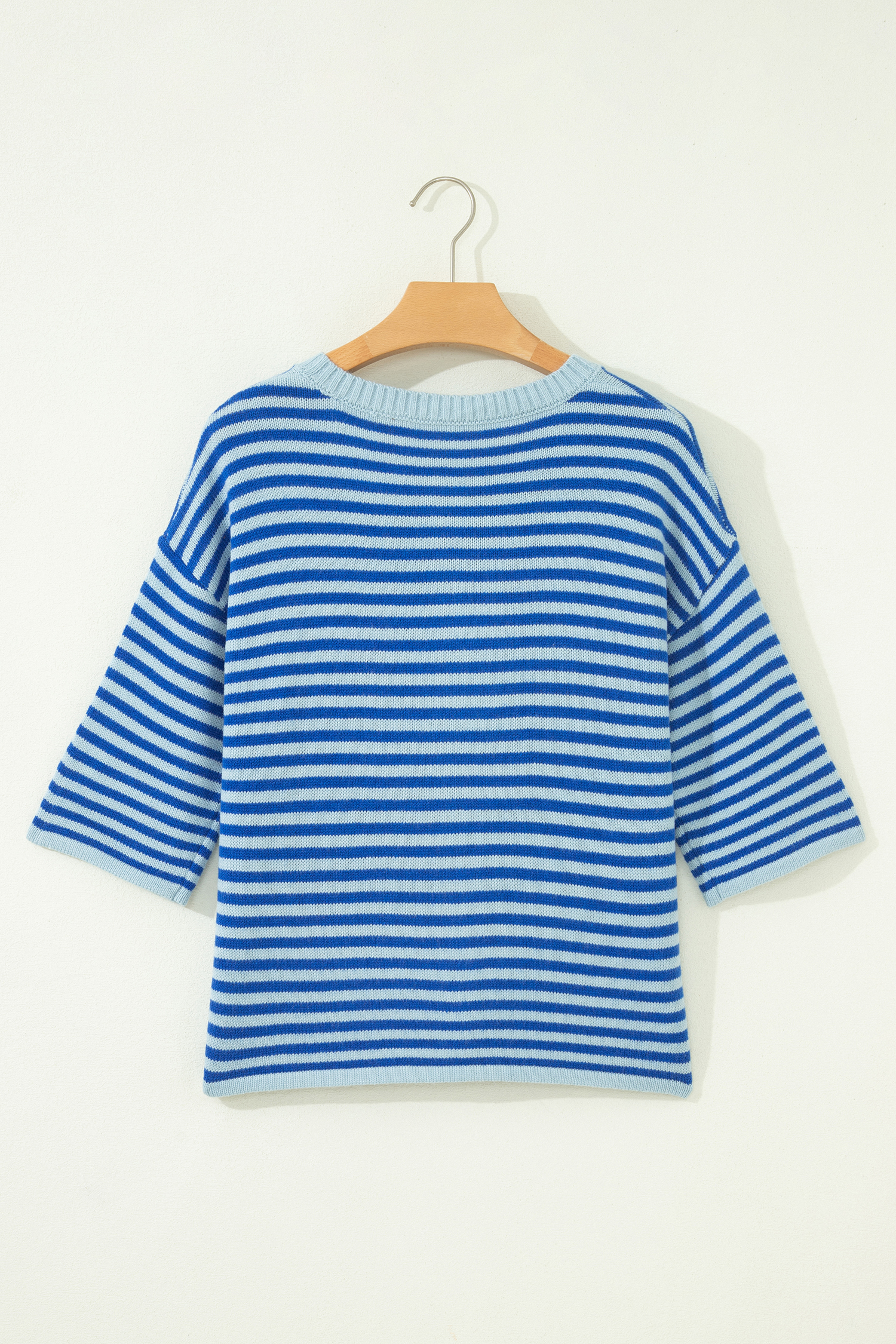 Blue Stripe Loose Half Sleeve Knit Button Down Sweater Cardigan - 图片 7