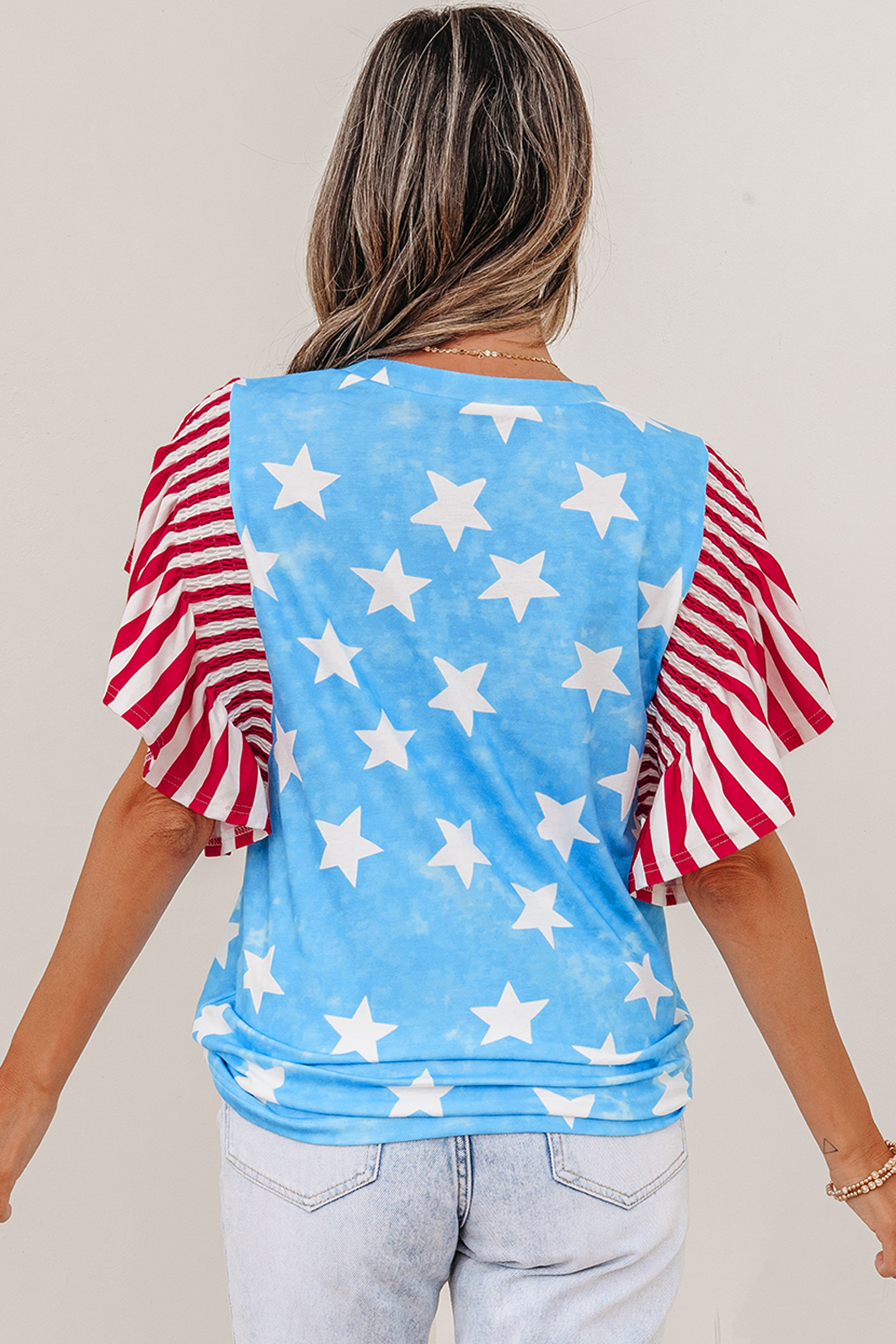 Sky Blue Vintage Star Print Striped Ruffle Sleeve Independence Day Top - 图片 10
