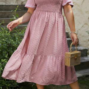 Pink Plus Size Swiss Dot Short Sleeve Smocked High Waist Flowy Midi Dress