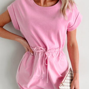 Bonbon Cuffed Short Sleeve Mix Fabric Patchwork Drawstring Mini Dress