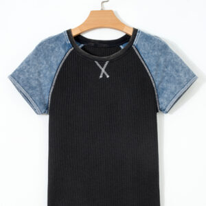 Carbon Grey Waffle Knit Seam Detail Color Block Patchwork Short Sleeve Top