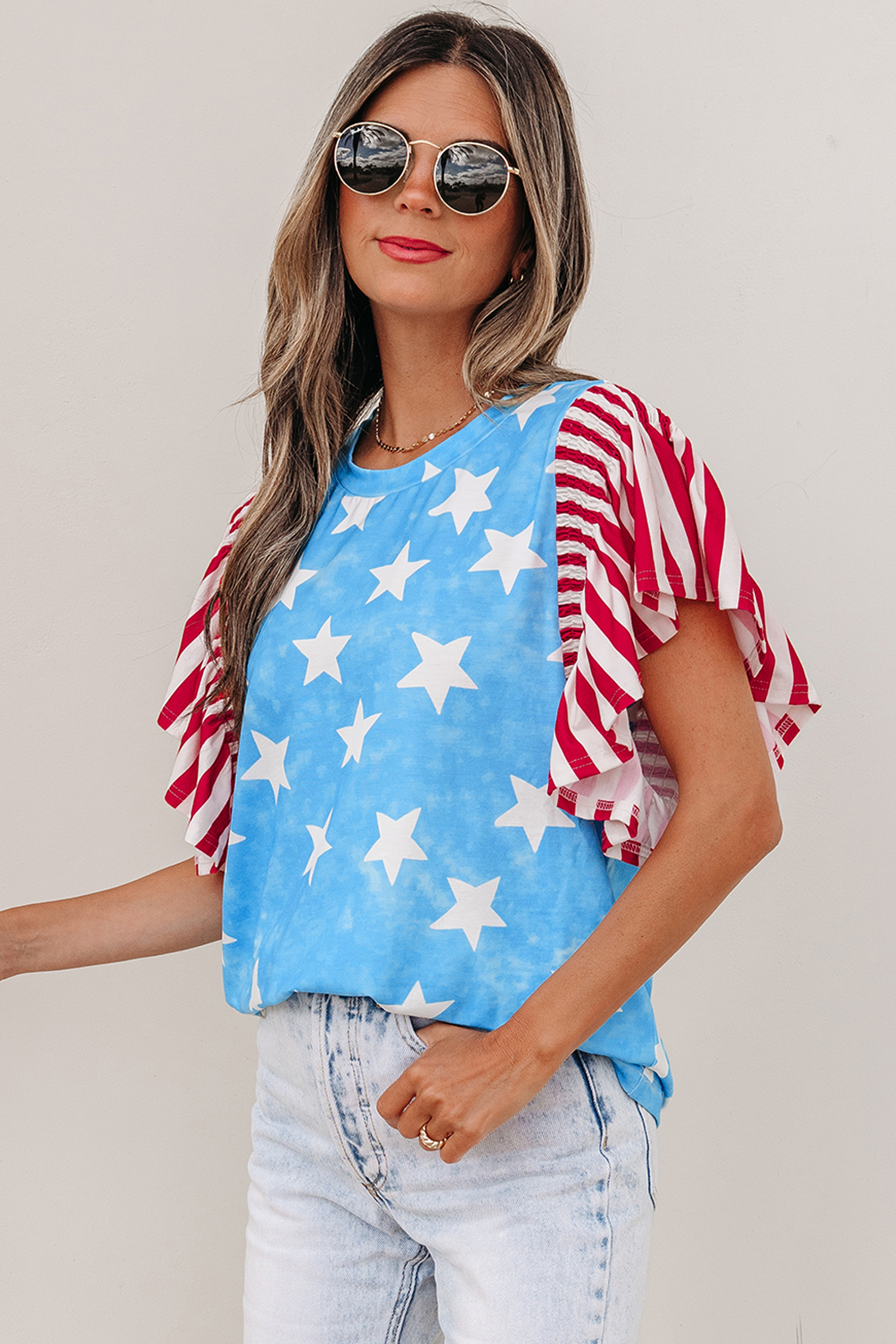Sky Blue Vintage Star Print Striped Ruffle Sleeve Independence Day Top - 图片 12