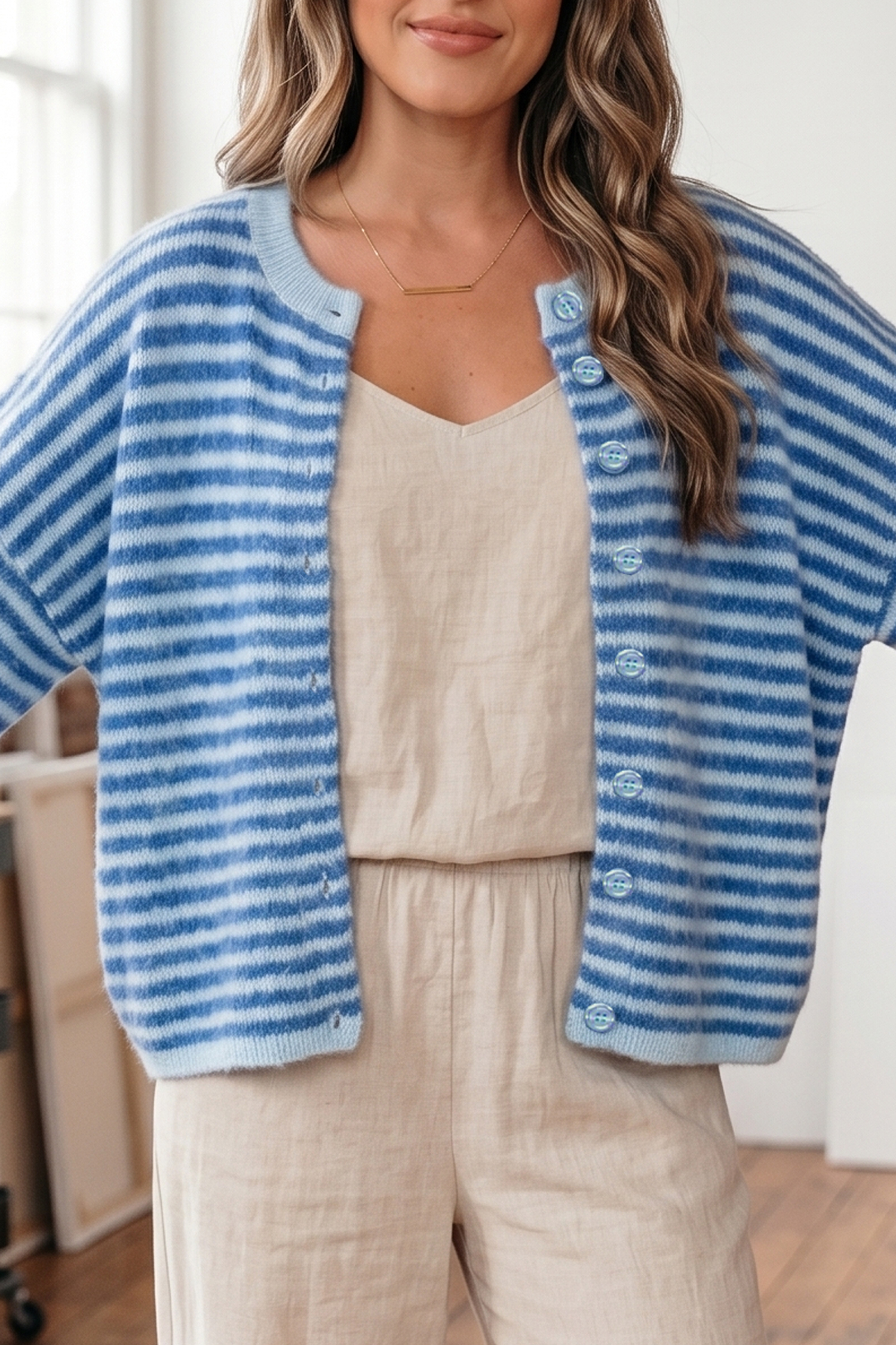 Blue Stripe Loose Half Sleeve Knit Button Down Sweater Cardigan - 图片 2