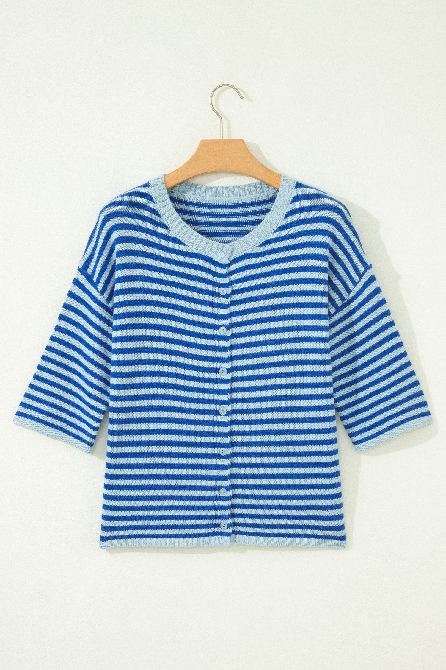 Blue Stripe Loose Half Sleeve Knit Button Down Sweater Cardigan - 图片 6