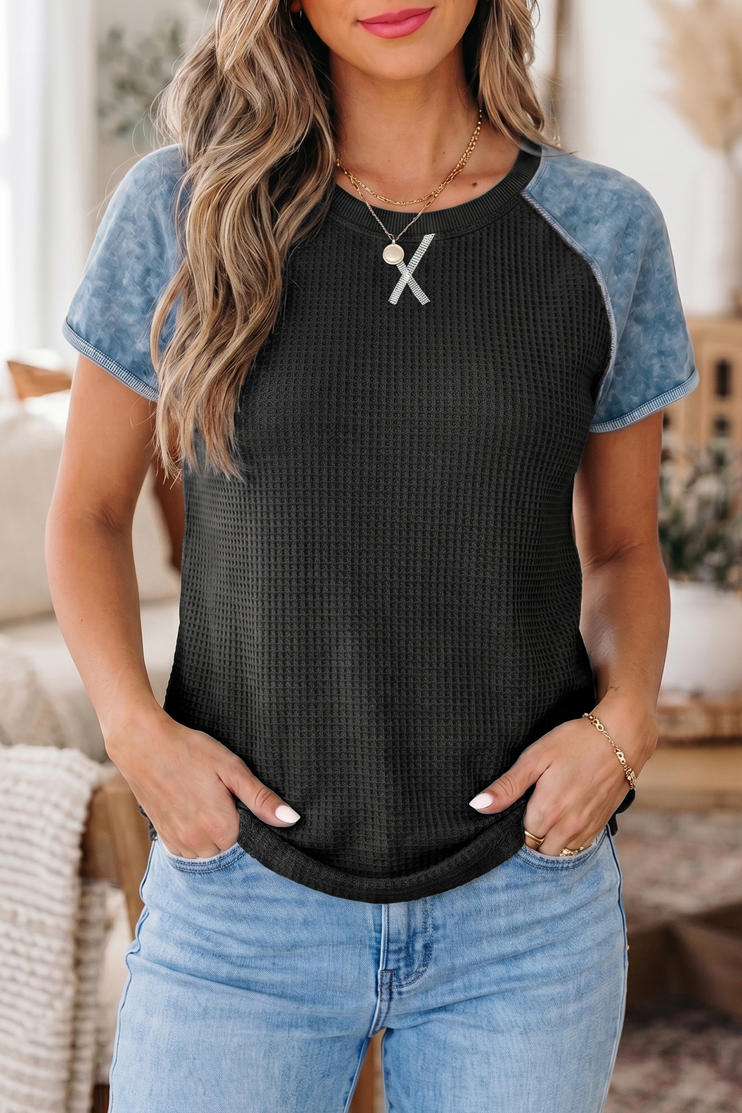 Carbon Grey Waffle Knit Seam Detail Color Block Patchwork Short Sleeve Top - 图片 8