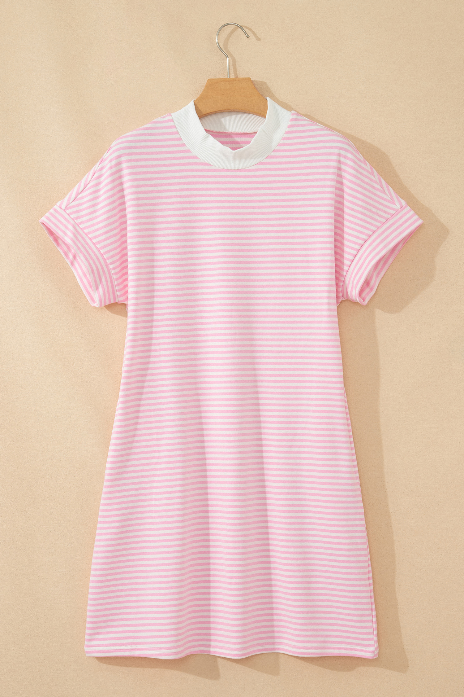 Pink Stripe Cuffed Short Sleeve Contrast Mock Neck Tee Dress - 图片 9